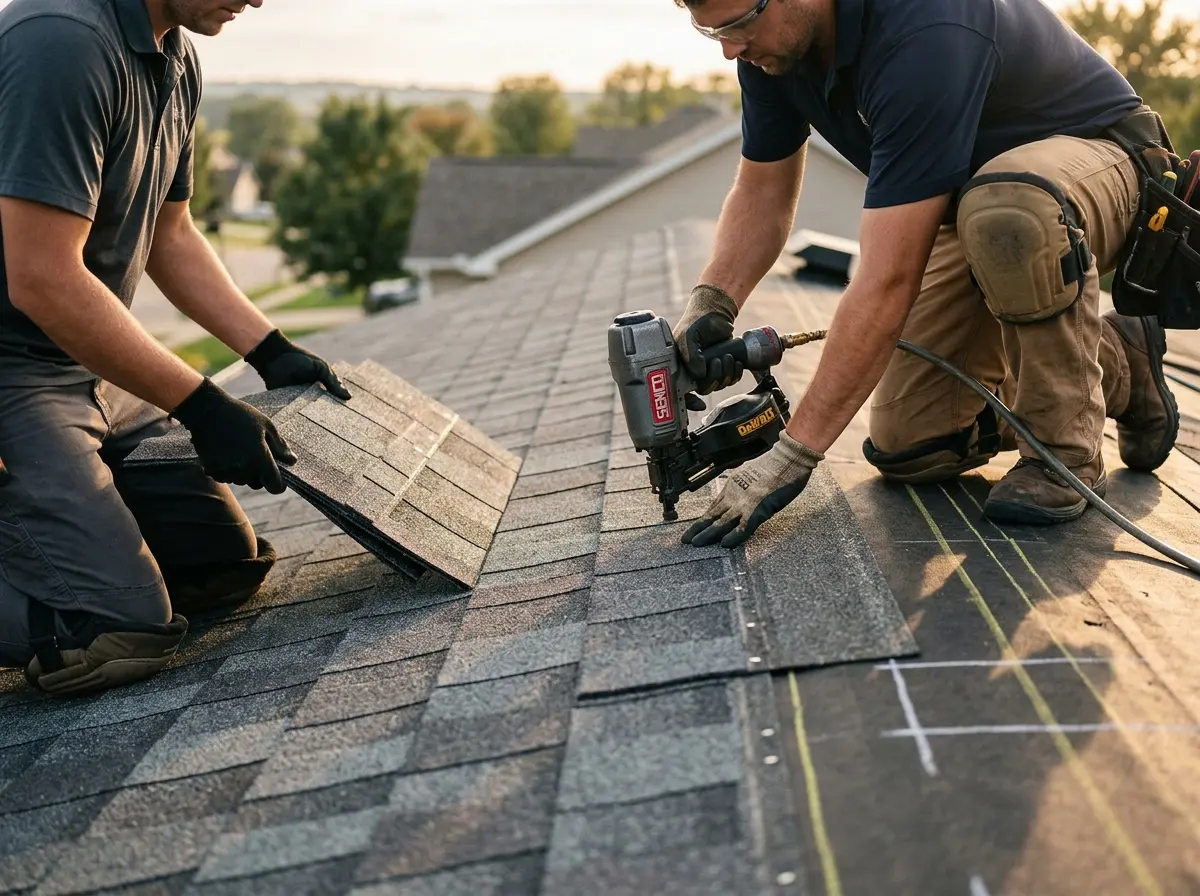 Professional roofer working on a residential roof in Brooklyn Center